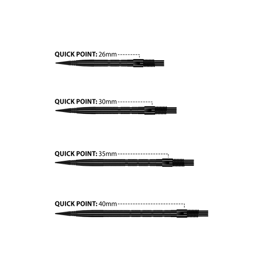 Harrows Quick Point Micro Ridge Dart Tips - Black Das Bild zeigt Harrows Quick Point Micro Ridge Dartspitzen in Schwarz. Die Dartspitzen sind schlank und für präzises Werfen geeignet.