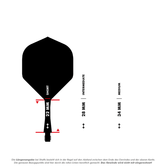 Winmau Fusion Flight Shaft System No6 Neon Yellow Das Bild zeigt die Längenangaben für verschiedene Dartshafts, wobei der kurze Shaft mit 22 mm gekennzeichnet ist. Außerdem sind die Längen für "Intermediate" mit 28 mm und "Medium" mit 34 mm dargestellt.
