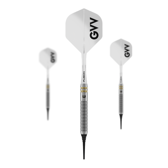 Winmau Gian Van Veen W-MAX soft darts - 18g Auf dem Bild ist ein Set Winmau Gian Van Veen W-MAX Softdarts - 18g zu sehen. Drei Darts und das Zubehör sind abgebildet.