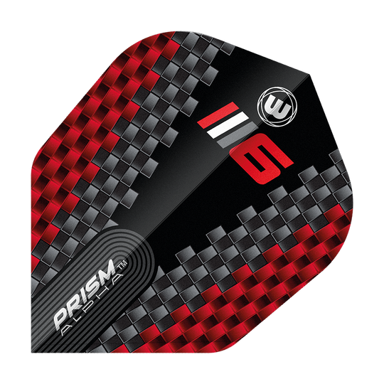 Winmau Prism Alpha Blade 6 Chevron No6 Flights Das Bild zeigt ein Dart-Flight mit einem modernen, roten und grauen Karomuster. Auf dem Flight stehen die Worte "PRISM ALPHA" sowie die Zahl "6" und das Winmau-Logo.