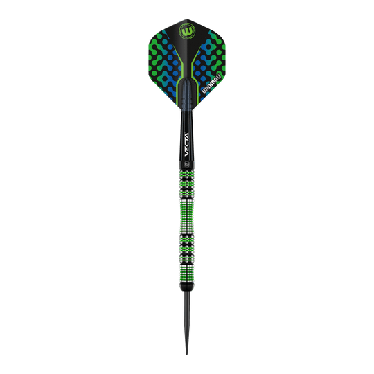 Winmau Brendan Dolan steel darts Das Bild zeigt einen Winmau Brendan Dolan Steeldart. Der Dartpfeil hat ein auffälliges Design mit grünen und blauen Akzenten.