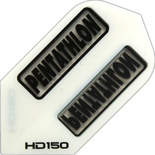 hd8 Das Bild zeigt eine HD 150 Pentathlon Flights HD8 Dartflügel. Auf dem weißen Flight steht zweimal das Wort "PENTATHLON" in schwarzer Schrift.