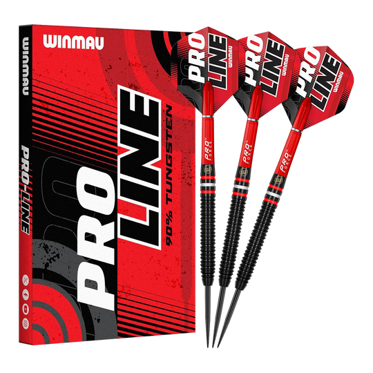 Zu sehen sind die Winmau Pro-Line 90% Steeldarts. Die Darts verfügen über einen hohen Qualitätsstandard und sind für Profis geeignet.