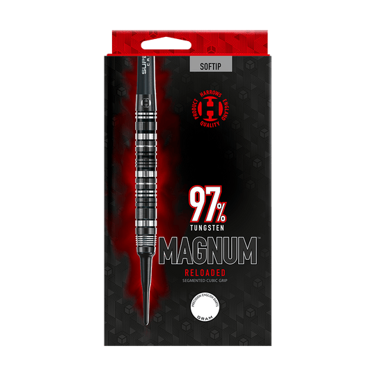 Die Abbildung zeigt die Verpackung der "Harrows Magnum Reloaded Softdarts". Auf der Verpackung steht, dass die Darts aus 97% Tungsten bestehen und einen segmentierten Cubic Grip haben.