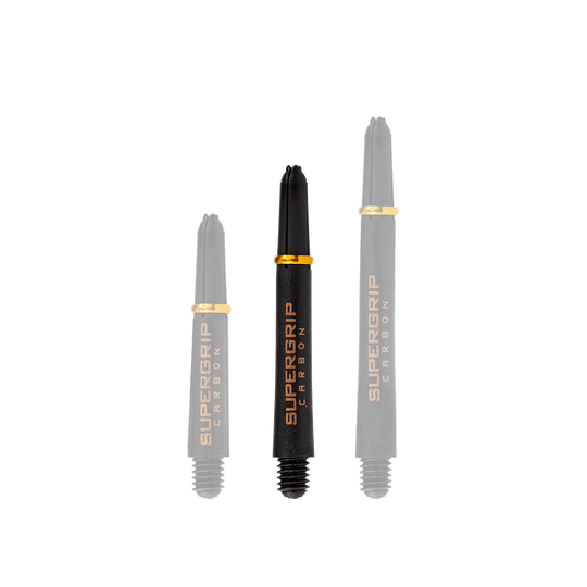 HR352_Harrows_Supergrip_Carbon_Shafts_Gold_40mm_1 Das Bild zeigt drei unterschiedlich lange Harrows Supergrip Carbon Shafts in der Farbe Gold. Die Dartschäfte sind schwarz mit goldenen Akzenten und der Aufschrift "SUPERGRIP CARBON".