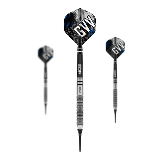 Red Dragon Gian Van Veen Tour Edition Softdarts - 20g Das Bild zeigt die Red Dragon Gian Van Veen Tour Edition Softdarts mit einem Gewicht von 20g. Die Pfeile haben schwarze und silberne Details sowie Flights mit dem Aufdruck "GVV".