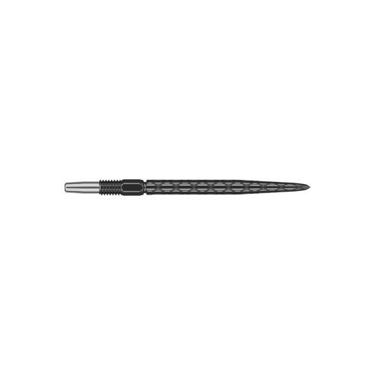 Target Swiss Diamond Pro Black Points dart tips Das Bild zeigt eine schwarze Dartspitze mit einem rautenförmigen Muster. Sie ist schlank und hat ein Schraubgewinde am hinteren Ende.