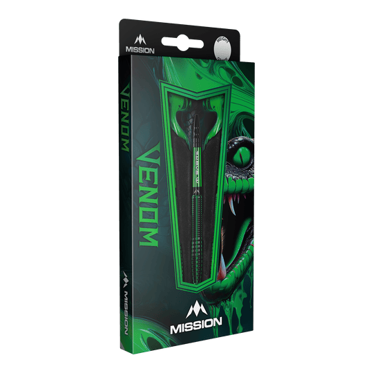Mission Venom steel darts Mehrere Mission Venom Steeldarts liegen nebeneinander. Die Oberfläche ist fein strukturiert.