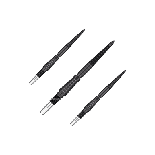 Target Swiss Storm LNC dart tips - Black Auf dem Bild sind drei schwarze Dartspitzen mit silbernem Ende zu sehen. Sie liegen nebeneinander auf einem neutralen Hintergrund.