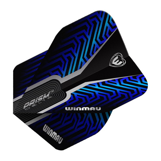Das Bild zeigt die Winmau Prism Delta Blue No2 Standard Flights. Die Flights haben ein modernes Design in Schwarz und Blau.