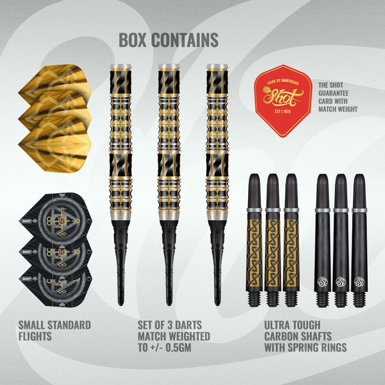 Die Shot Alchemy Auro Softdarts - 20g werden präsentiert. Die Darts sind speziell für Softdart geeignet.