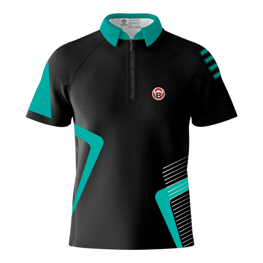Bulls Team Dart Shirt - Mint Das Bild zeigt das Bulls Team Dartshirt in der Farbe Mint. Das Shirt ist überwiegend schwarz mit mintfarbenen Akzenten und einem kleinen B-Logo auf der Brust.