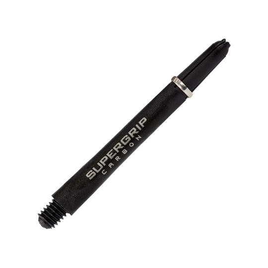HR356_Harrows_Supergrip_Carbon_Shafts_Silber_47mm_2 Das Bild zeigt einen Harrows Supergrip Carbon Shaft in Silber. Der Schaft ist schwarz mit silbernen Akzenten und der Aufschrift "Supergrip Carbon".