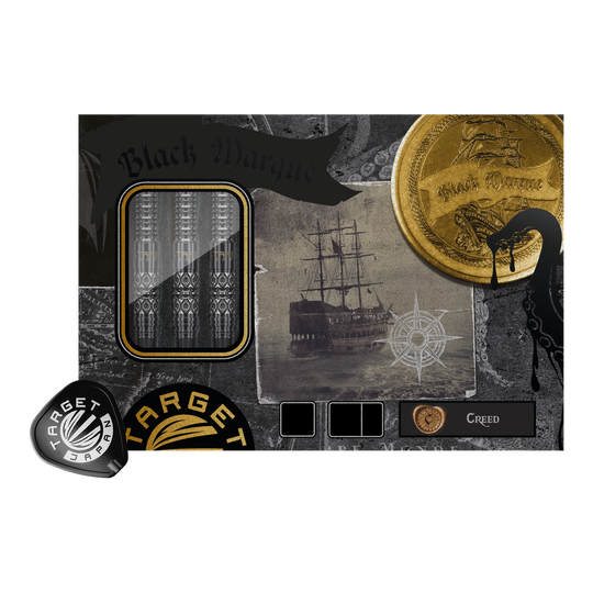 Abgebildet sind die Target Japan Black Marque Creed Swiss Point Steeldarts - 23g. Diese Steeldarts bieten Präzision und optisch ansprechende Details.
