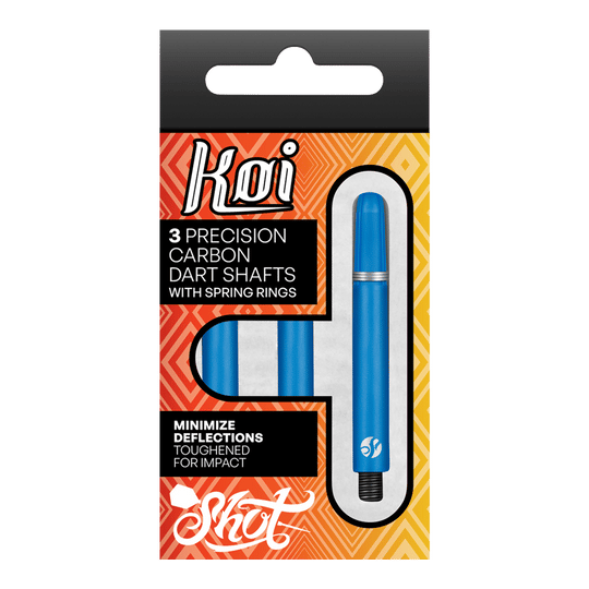 Shot Koi Carbon Shafts - Blue Die Abbildung zeigt eine Verpackung mit drei blauen Carbon-Dartschäften der Marke Koi. Auf der Packung steht, dass die Schäfte Präzision bieten, mit Sprengringen ausgestattet sind und Abweichungen minimieren.
