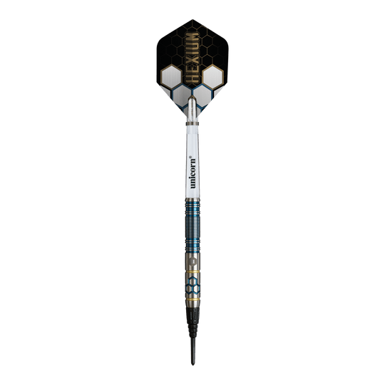 Unicorn Hexium Style 02 Blue & Gold Soft Darts - 21g Hier sieht man die Unicorn Hexium Style 02 Blue & Gold Softdarts - 21g. Die Darts sind in Blau und Gold gehalten.