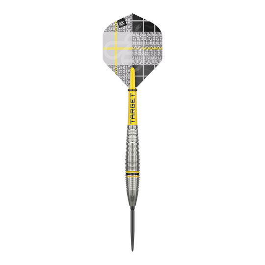 Dieses Bild zeigt einen Target Scott Williams GEN2 Swiss Point Steeldart. Der Dartpfeil hat ein silbernes Griffstück mit gelben Akzenten und ein individuell gestaltetes Flight-Design.
