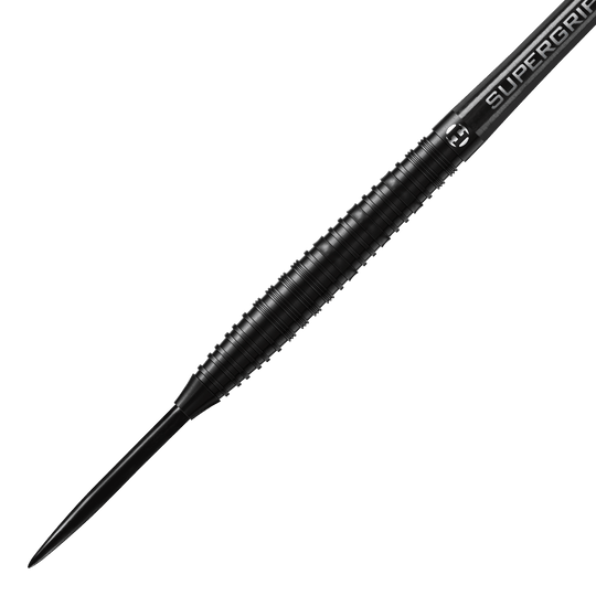 Harrows NX90 Black Edition steel darts Das Bild zeigt einen Harrows NX90 Black-Edition Steeldart. Der Dartpfeil ist komplett schwarz und hat eine geriffelte Griffzone für besseren Halt.