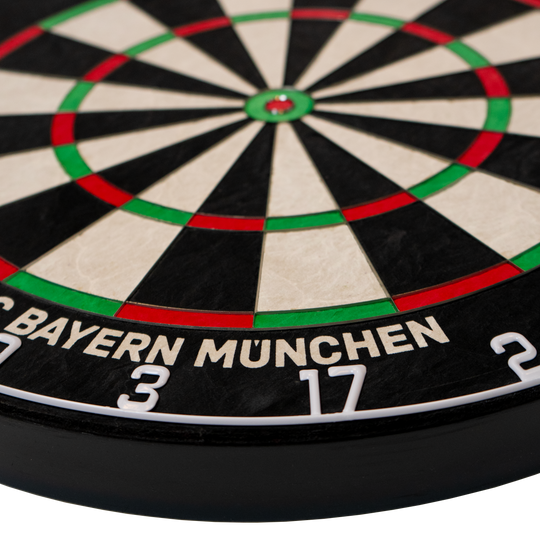 Bulls FC Bayern Munich Bristle steel dartboard Das Bild zeigt das Bulls FC Bayern München Bristle Steeldartboard. Es handelt sich um eine Scheibe zum Dartspielen mit dem Logo des FC Bayern München.