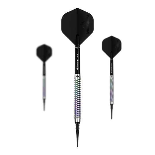 Mission Mirage soft darts - 20g Das Bild zeigt ein Set der Mission Mirage Softdarts - 20g. Alle Teile des Dart-Sets sind zu erkennen.
