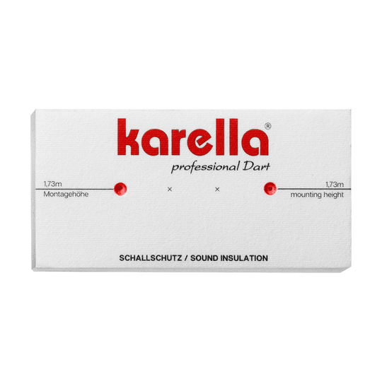 811501_Karella_Schallschutz_f-r_Steeldartboards_4 Das Bild zeigt eine Verpackung des Produkts "Schallschutz Karella für Steeldartboards mit integriertem Surround Auffangring". Auf der Verpackung steht der Markenname "Karella" und Hinweise zur Montagehöhe.