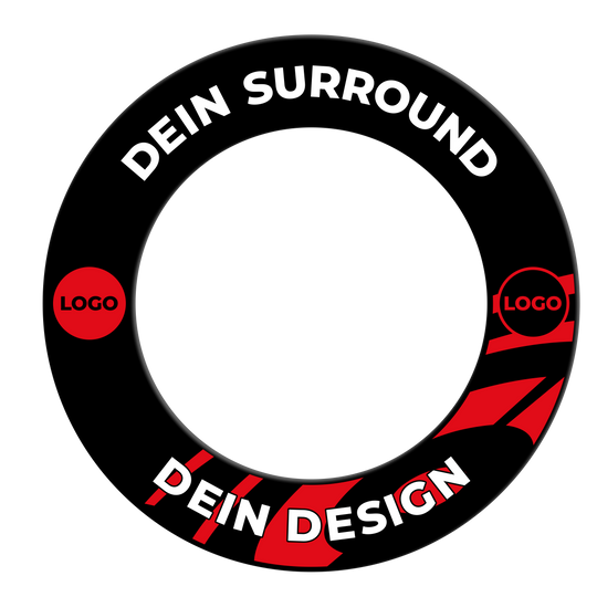 Dartboard surround with your design Abgebildet ist ein schwarzes Dartboard-Surround. Es schützt die Wand und verleiht dem Dartbereich ein elegantes Aussehen.