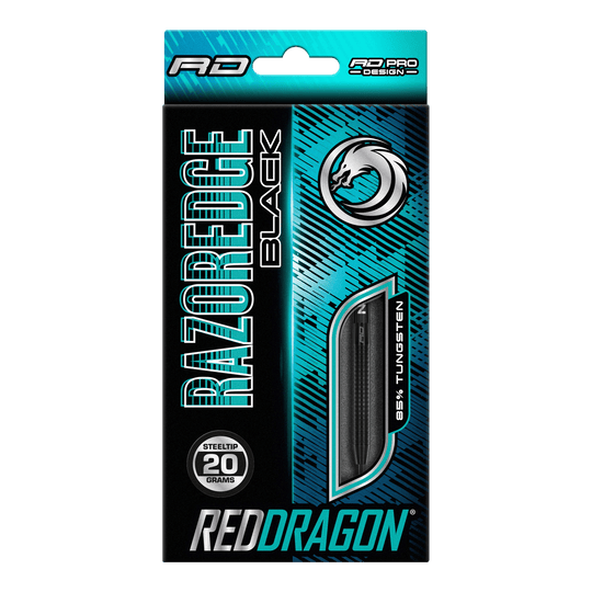 Red Dragon Razor Edge Black steel darts Auf dem Bild ist eine Verpackung von Red Dragon Razor Edge Black Steeldarts zu sehen. Die Darts wiegen 20 Gramm und bestehen zu 85 % aus Wolfram.