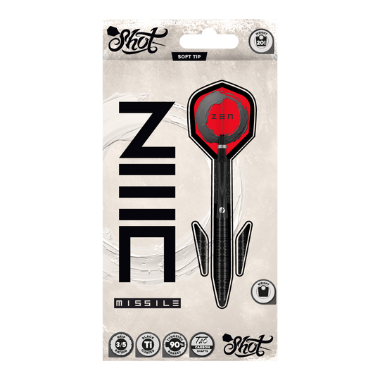 Shot ZEN Missile Soft Darts - 20g Dies ist ein Bild von den Shot ZEN Missile Softdarts - 20g. Die Softdarts sind für das Dartspiel geeignet und zeigen ein modernes Design.