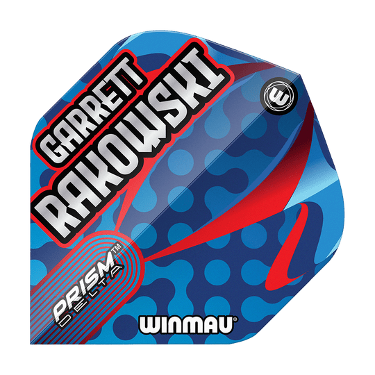 Winmau Prism Delta Garrett Rakowski Standard Flights Das Bild zeigt die Winmau Prism Delta Garrett Rakowski Standard Flights. Das Flight-Design ist blau mit roten und hellblauen Akzenten sowie dem Namen "Garrett Rakowski" in großen Buchstaben.