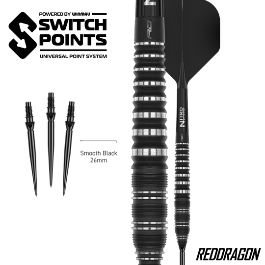 Zu sehen sind Red Dragon Sable Torpedo Switch Point Steeldarts. Diese Darts bieten gute Griffigkeit und Stabilität beim Wurf.