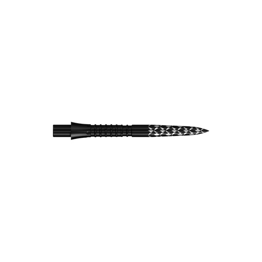 Mission Caliburn EVO dart tips GV logo - Black Schwarze Steeldartspitzen mit GV-Logo und einer Länge von 26 mm sind zu sehen. Das Bild zeigt das Produkt aus der Mission Caliburn EVO Serie.