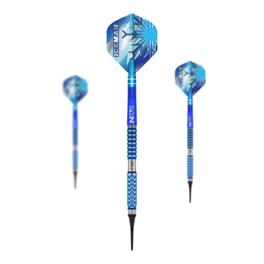 Das Bild zeigt drei Softdarts des Modells "Red Dragon Gerwyn Price Glacier" mit einem Gewicht von 18g. Die Darts sind hauptsächlich blau und haben auffällige Flights mit Eis- und Schneeflockenmotiven.
