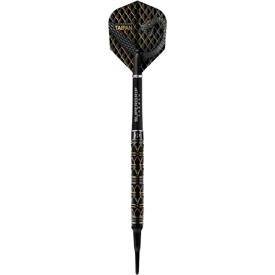 HA29129_Harrows_Taipan_Softdarts_1ioDmR8L4OPn1D Das Bild zeigt einen Harrows Taipan Softdart mit einem schwarzen und goldenen Design. Der Dart hat ein auffälliges Muster und einen Griff mit der Aufschrift "SUPERGRIP CARBON".