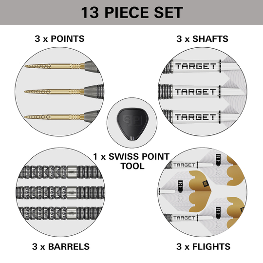 Das Bild stellt die Target Redux 01 Swiss Point Steeldarts dar. Diese Steeldarts besitzen eine spezielle Swiss Point Spitze.
