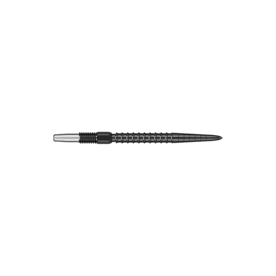 Target Swiss Point Chrono Dart Tips - Black Das Bild zeigt eine schwarze Dartspitze mit einem geriffelten Design. Die Spitze ist lang und schmal, geeignet für den Einsatz in Dartpfeilen.