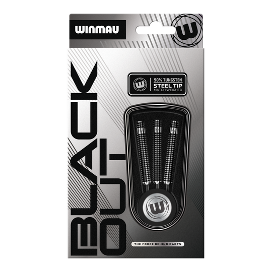 Winmau Blackout Variant 1 steel darts Das Bild zeigt die Winmau Blackout Variante 1 Steeldarts. Diese Steeldarts sind aus Tungsten gefertigt und für Präzision entwickelt.