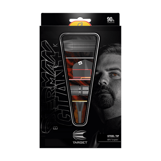 Auf dem Bild ist eine Verpackung für Steeldarts der Marke Target zu sehen. Die Packung zeigt einen Dartpfeil und das Gesicht eines Mannes im Hintergrund.