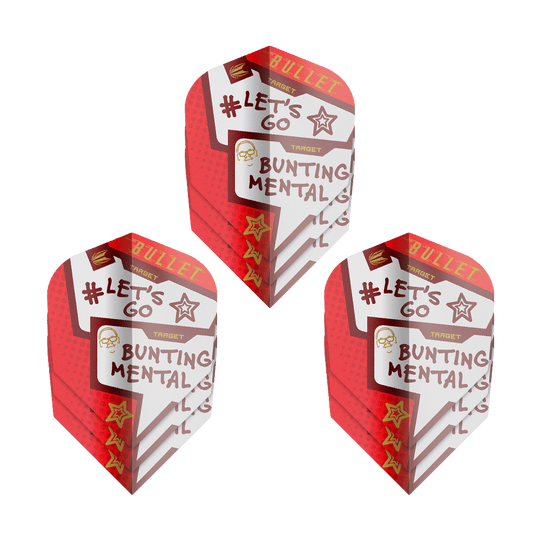 Target Pro Ultra Stephen Bunting Mental No6 Flights - 3 Sets Das Bild zeigt drei Sets der "Target Pro Ultra Stephen Bunting Mental No6 Flights" für Darts. Die Flights sind rot-weiß gestaltet und tragen Aufschriften wie "#LET'S GO" und "BUNTING MENTAL."