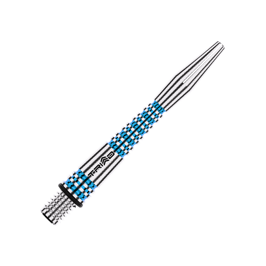 Winmau Triad RX Aluminium Shafts - Blau Auf dem Bild ist ein blauer Winmau Triad RX Aluminium Dartschaft zu sehen. Der Schaft hat ein gestreiftes Design mit silbernen und blauen Akzenten.