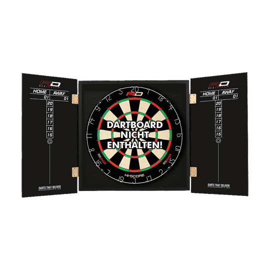 Z0169_Red_Dragon_Peter_Wright_Dartboard_Cabinet_3rSV1cY93jKX5f Das Bild zeigt das "Red Dragon Peter Wright Dartboard Kabinet" mit geöffneten Türen und einem Dartboard im Inneren. Auf dem Dartboard steht in großen Buchstaben: "DARTBOARD NICHT ENTHALTEN!"