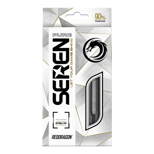 Red Dragon Seren 2 Pure Steeldarts Die Abbildung zeigt die Verpackung der "Red Dragon Seren 2 Pure Steeldarts". Auf der Verpackung steht, dass die Darts aus 90% Tungsten bestehen.