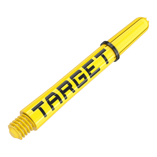 Dies ist ein gelber Dart-Schaft mit dem Schriftzug "TARGET". Der Schaft hat ein schwarzes Gummiband und ein Schraubgewinde am Ende.