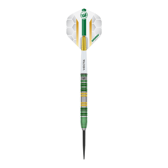 Winmau Xenon Steeldarts Das Bild zeigt einen Winmau Xenon Steeldart mit einer weißen, grünen und goldenen Gestaltung. Der Dartpfeil hat einen markanten Ringgriff und eine spitze Metallspitze.