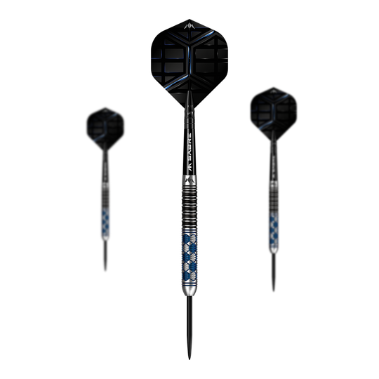 Mission Hexon Steeldarts - 23g Das Bild zeigt drei Mission Hexon Steeldarts mit einem Gewicht von 23g. Die Darts haben schwarze Flights und auffällige silber-blaue Griffe.