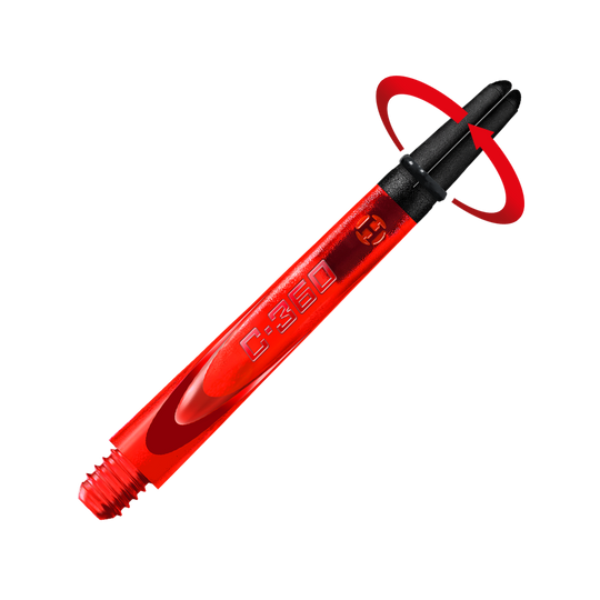 HR457_Harrows_Carbon_360_Shafts_Rot_49mm_2_Symbol Das Bild zeigt einen roten Dart-Schaft mit der Aufschrift "C-360". Der Hintergrund ist in leuchtenden Rottönen gehalten.