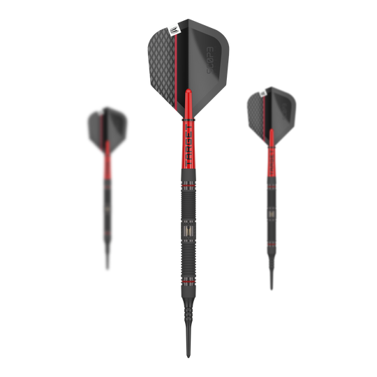 Target Scope 10 Soft Darts Das Bild zeigt drei Softdarts des Produkts „Target Scope 10“. Die Darts sind überwiegend schwarz mit roten Akzenten und haben ein modernes Design.
