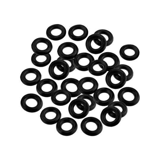 HRC51_Harrows_Clic_O-Rings_30er_1 Auf dem Bild sind mehrere schwarze Harrows Clic O-Rings zu sehen. Sie sind kreisförmig und liegen lose auf einer Fläche verteilt.