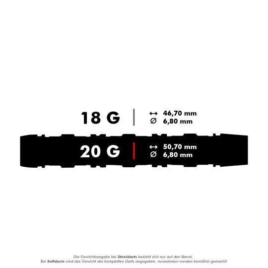 Das Bild zeigt die Maße und Gewichte von zwei verschiedenen Softdarts. Ein Dart wiegt 18 Gramm und ist 46,70 mm lang, der andere wiegt 20 Gramm und ist 50,70 mm lang; beide haben einen Durchmesser von 6,80 mm.