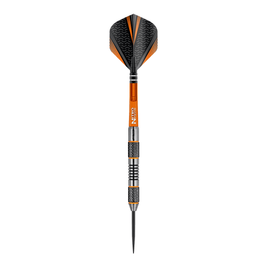 Red Dragon Amberjack 5 steel darts - 24g Dies ist ein Steeldart der Marke Red Dragon, Modell Amberjack 5 mit einem Gewicht von 24 Gramm. Der Dart hat ein schwarzes und orangefarbenes Design mit metallischen und geriffelten Griffbereichen.