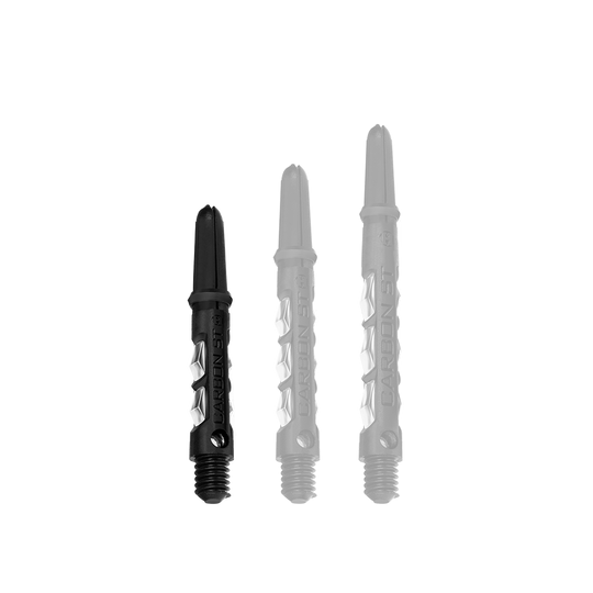 HR416_Harrows_Carbon_ST_Shafts_Clear_33mm_1Np7Tvmk3FvKGL Das Bild zeigt drei Harrows Carbon ST Shafts in transparenter Ausführung. Sie sind in unterschiedlichen Längen zu sehen und haben ein schwarzes und klares Design.